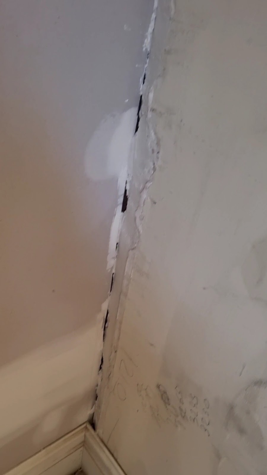 A cracked internal corner, before repair